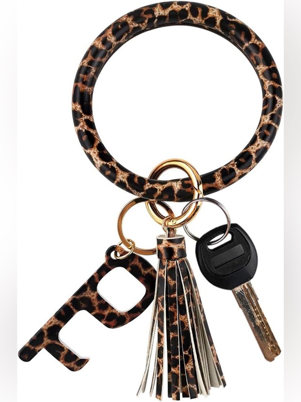 Leopard Print Wristlet Keychain with Tassel and No-Touch Tool - Brown